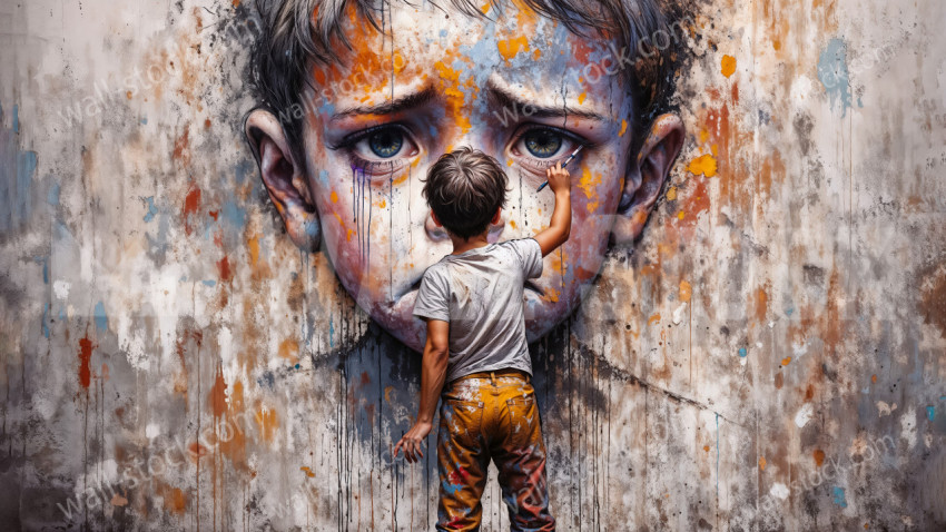 Child artist draws his own sad face on the wall
