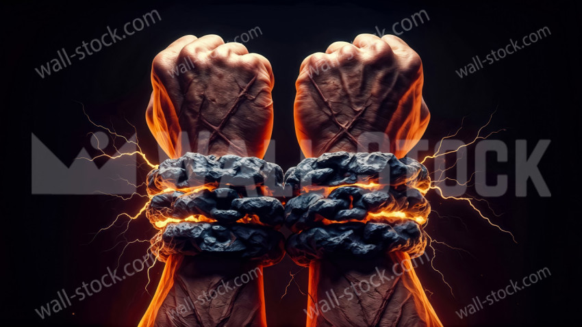 Muscular, scarred arms, their wrists bound with chains of sparking stone