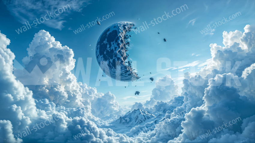 A piece of the moon that has fallen from the sky is descending towards the earth through the clouds.
