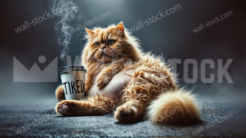 Tired cat lying down in a messy, innocent manner with a tired expression, drinking coffee