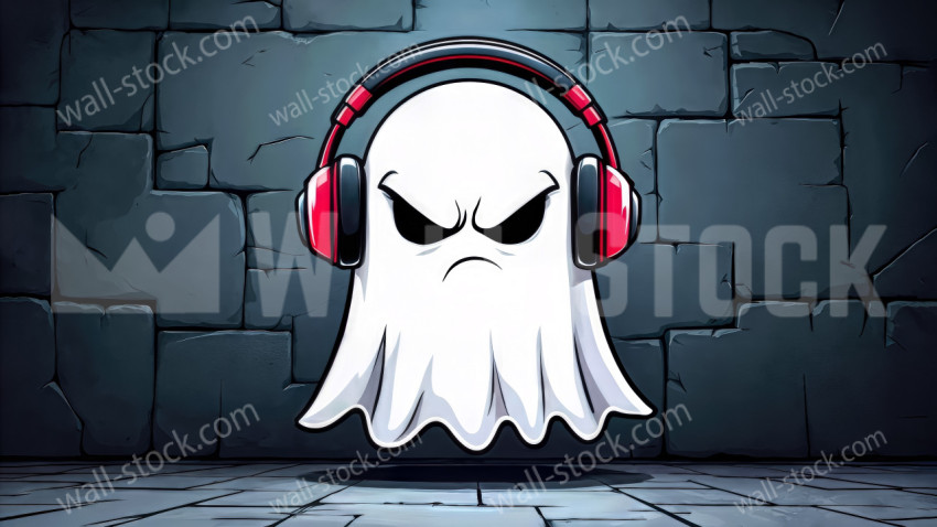 Cute and mischievous ghost wearing red headphones in front of a cracked stone wall