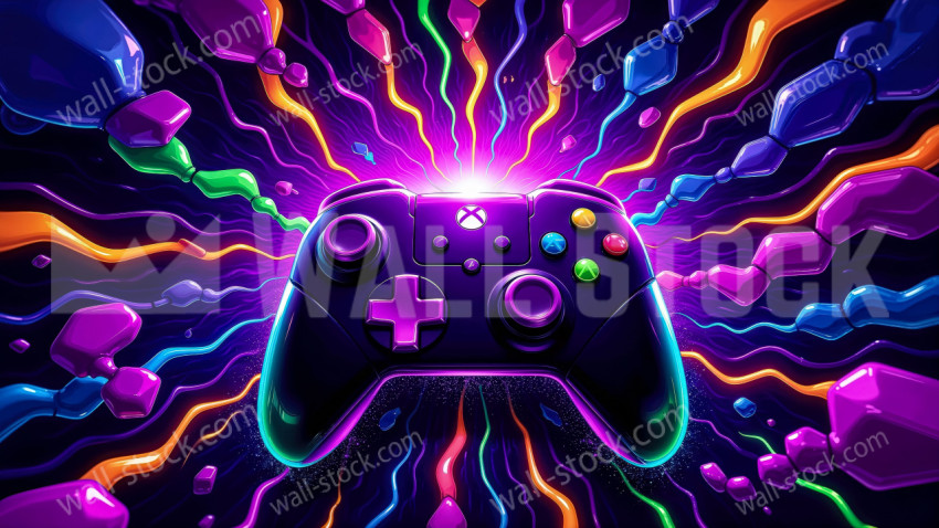 An Xbox controller is at the focal point of the universe, surrounded by vibrant neon-colored bubble gum and energy lines