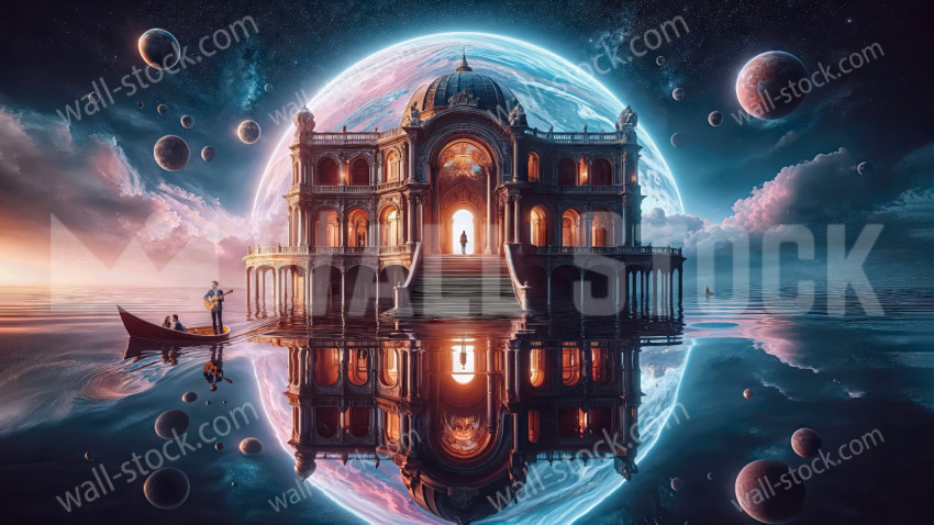 A musician and a couple are sailing on a boat through a sea of planets floating around a large, glowing building reflected in the water.