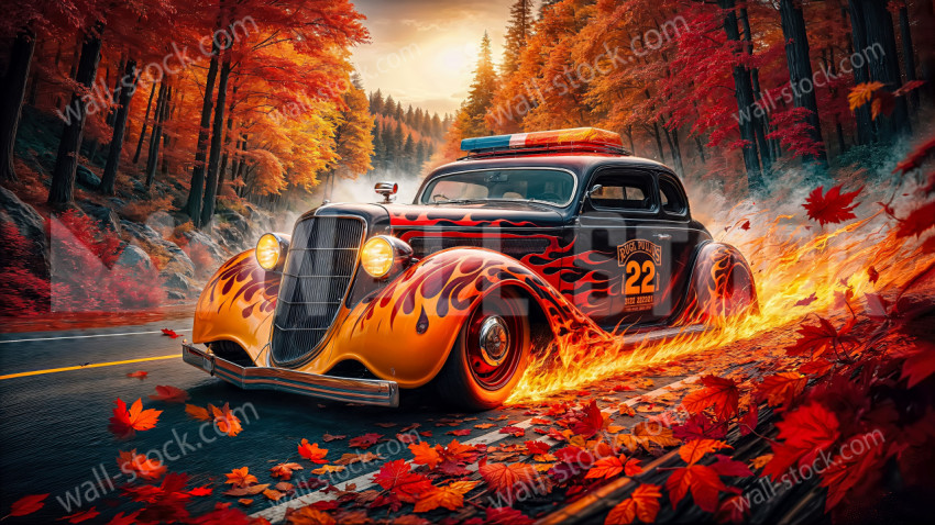 A vintage historic highway patrol car blazes across the asphalt, its flaming paint blazing from the autumn day.