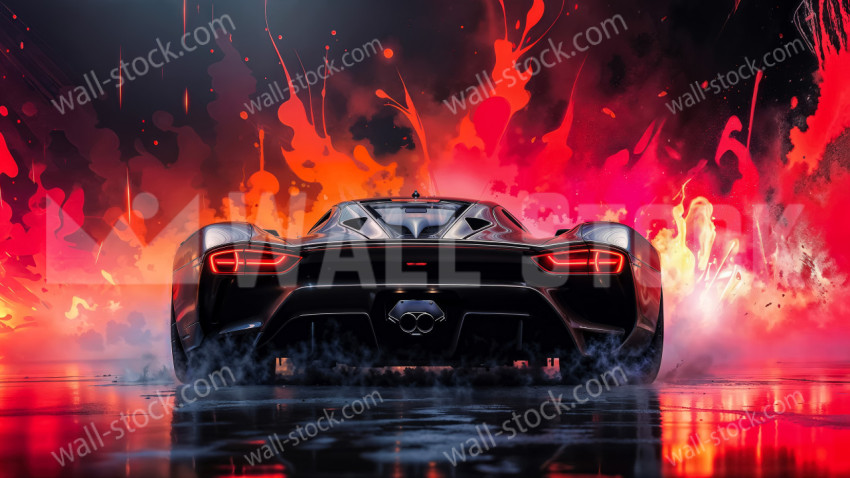 Metallic Sports Car Rear View in Front of Fiery Wall – High-Power Performance Scene