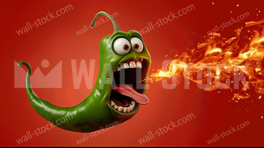 The mouth of a green hot pepper is burning with pain and fire is coming out of its mouth