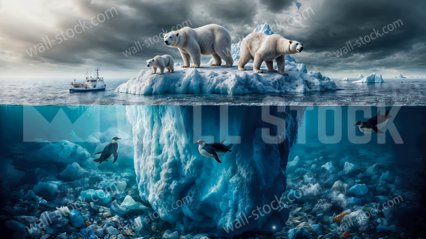 A white polar bear family stranded on a broken iceberg in the ocean awaits rescue with the help of penguins.