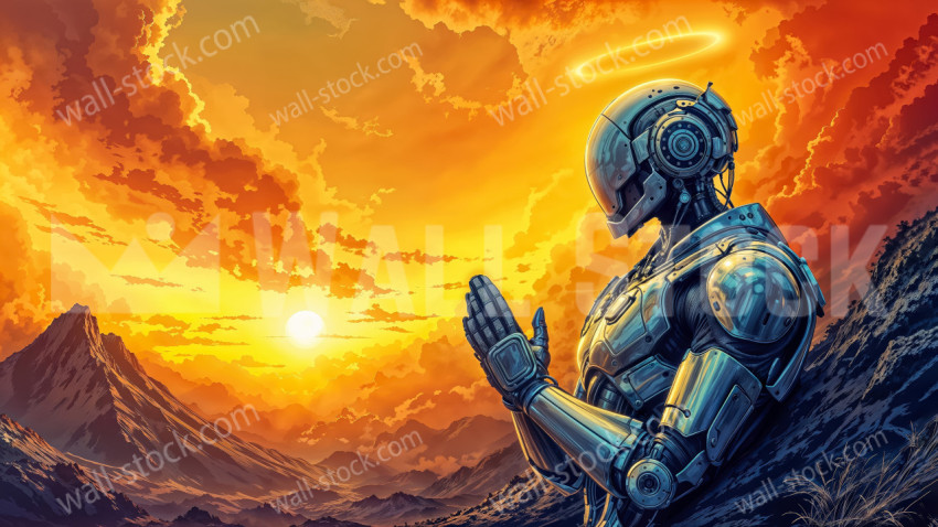 A sunset image of a robocop meditating in the mountains