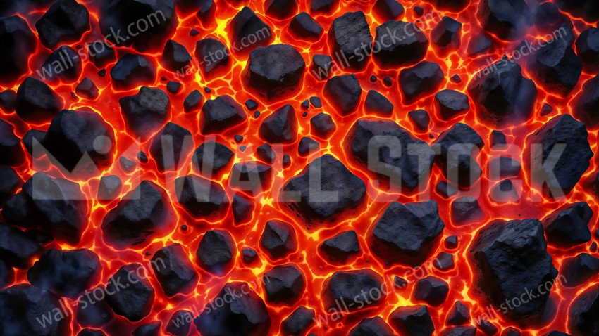 Molten lava flows densely among the rocks in deep orange and red hues