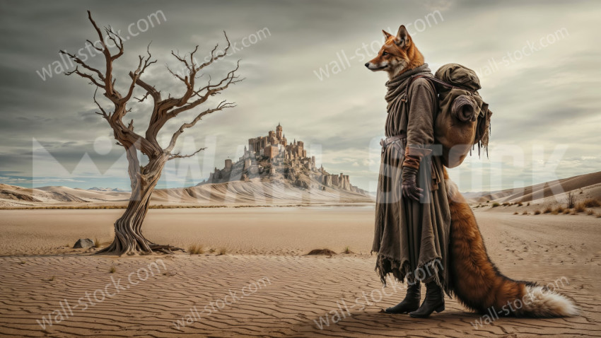 A wandering fox standing in a vast, barren desert
