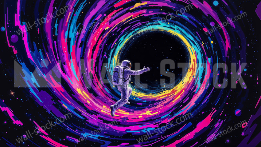 An astronaut being sucked into a psychedelic, multicolored black hole