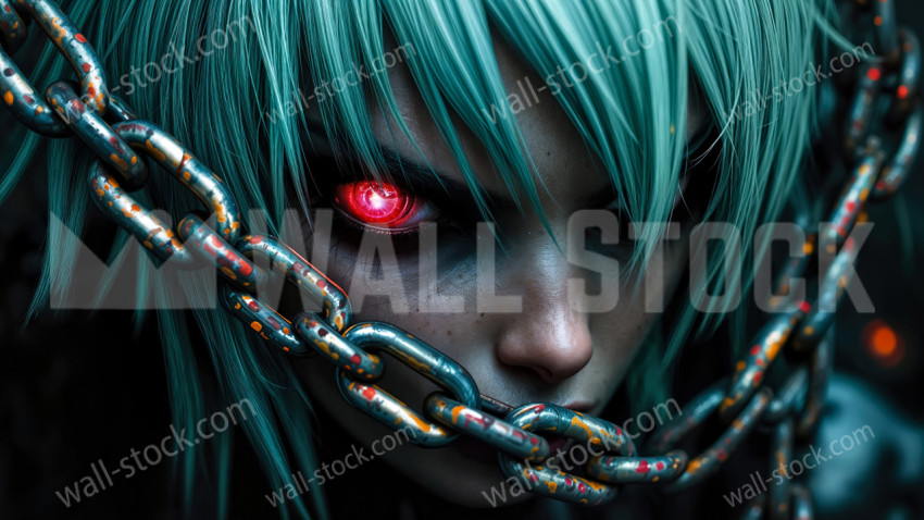 A cyberpunk girl with green hair and bright red eyes peering from behind thick, metallic, frayed chains that run diagonally across