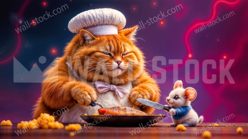 A plump orange tabby cat wearing a chef's hat is cooking a meal with its tiny mouse friend