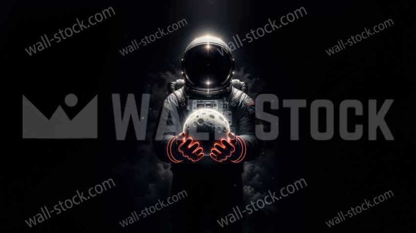 An astronaut drifting through a darkened cloud of cosmic mist gently holding a glowing miniature moon in his hands surrounded by silence and the infinite mystery of space