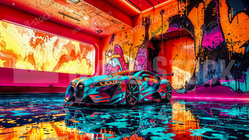 A Bugatti sports car parked in a space containing a reflective floor covered in graffiti