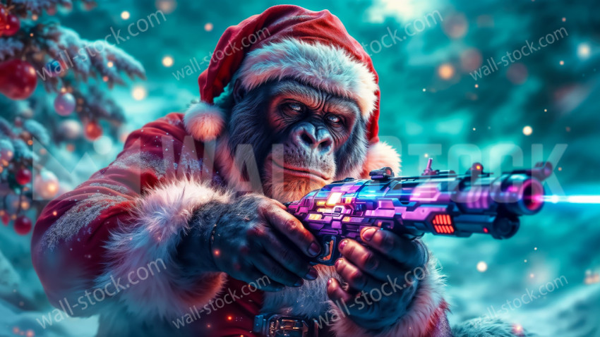 Futuristic Chimpanzee Santa Claus Holding a Laser Gun