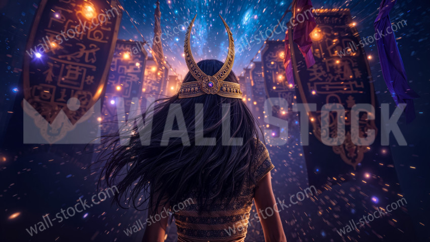 Egyptian Princess Wearing a Golden Crescent Crown Walking Through Glowing Army Banners – Ancient Fantasy Royal Scene