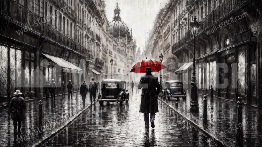 Man with a Red Umbrella Walking Through a Rainy Vintage City Street – Classic Noir Style Scene