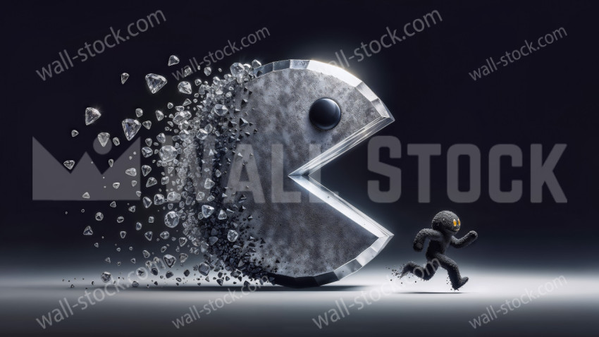 Metallic Pac Sphere Devouring a Running Man