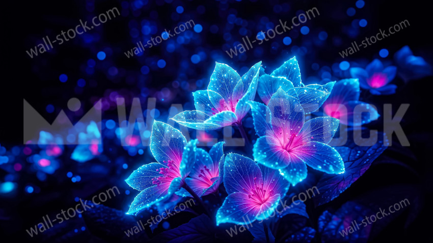 Glowing Neon Flowers Blooming in the Dark Night