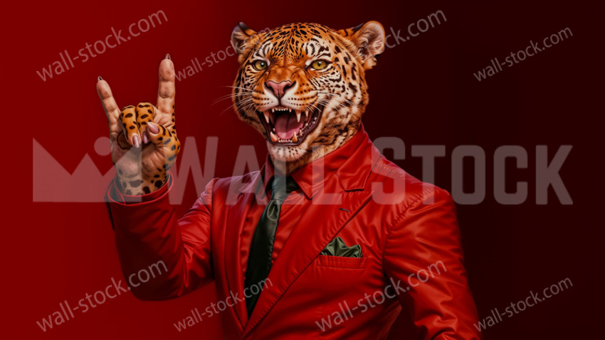 Stylish Tiger in a Red Suit Making Rock Gesture