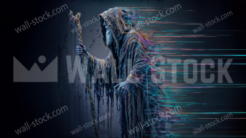 Ancient Wizard Walking Through Darkness Leaving Trails of Neon Light
