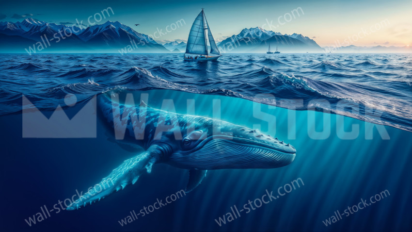 Majestic Whale Swimming Through the Deep Blue Ocean Beneath the Waves