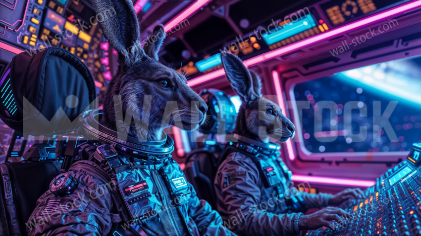 Two Kangaroo Astronauts Piloting a Futuristic Spaceship in a Neon-Lit Interstellar Cockpit