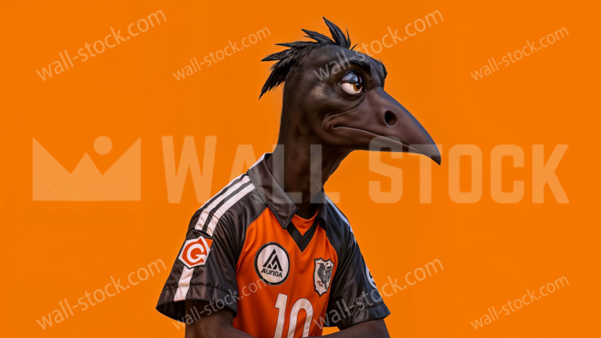 Anthropomorphic Black Bird Character Wearing an Orange and Black Sports Jersey on Solid Background