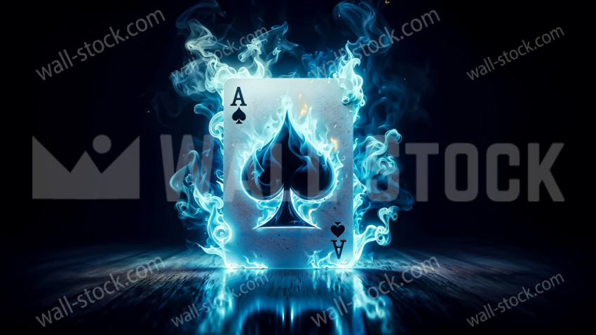 Ace of Spades Card Surrounded by Blue Flames on a Dark Reflective Surface