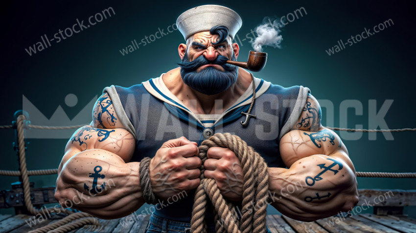 Stylized Muscular Sailor Character With Nautical Tattoos and a Smoking Pipe Holding a Rope on a Wooden Dock