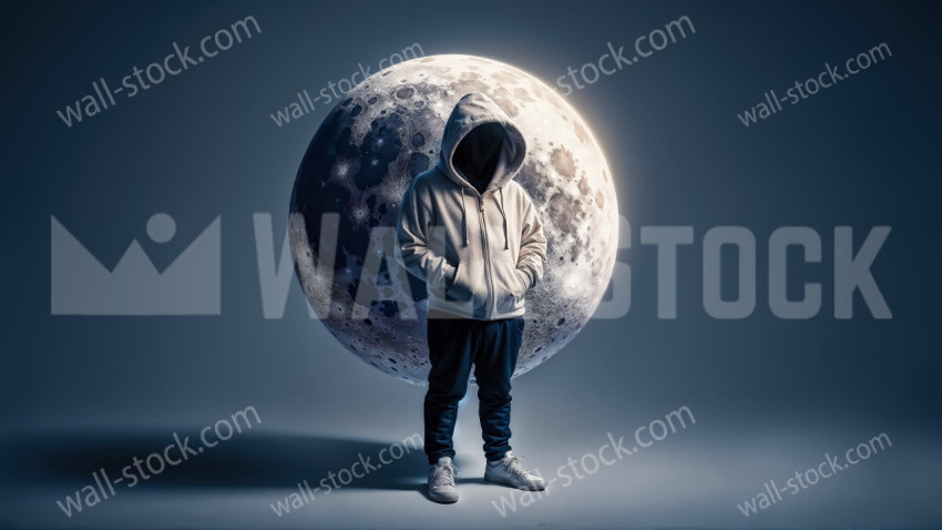 Hooded Faceless Figure Standing in Front of a Large Illuminated Moon