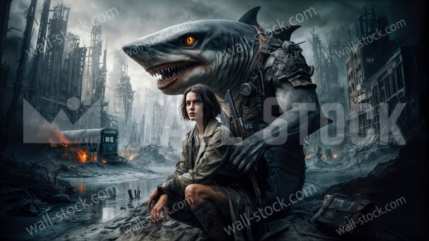 Armed Woman Sitting Beside a Large Armored Humanoid Shark in a Post-Apocalyptic Ruined City
