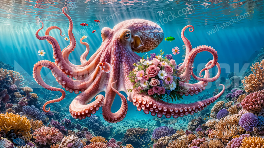 Pink Octopus Holding a Bouquet While Swimming Over a Coral Reef