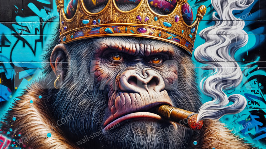 Gorilla Wearing a Gold Crown While Smoking a Cigar