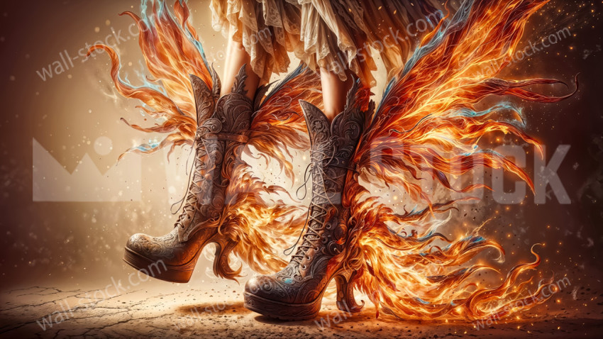 Magical leather boots with flame shaped feather like extensions on them