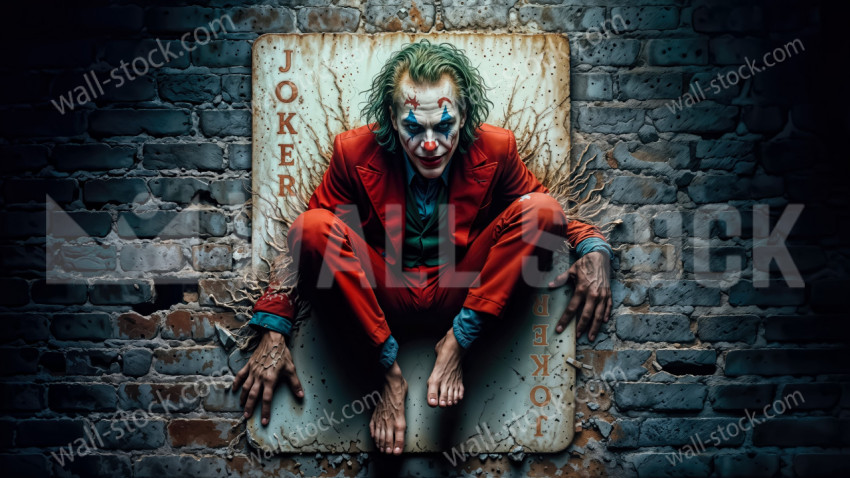 Crouching clown man in a red suit on a worn playing card fixed to a brick wall