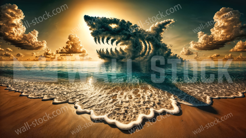 Giant shark-shaped cloud rising from the ocean near a sandy beach