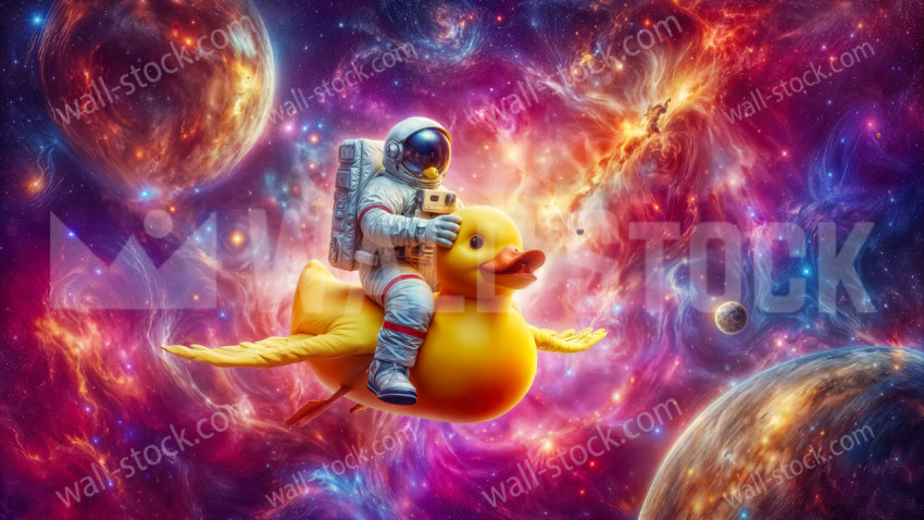 Astronaut riding a yellow rubber duck flying through outer space