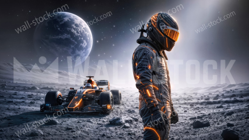 Helmeted racing driver standing on a rocky moon surface beside a formula car