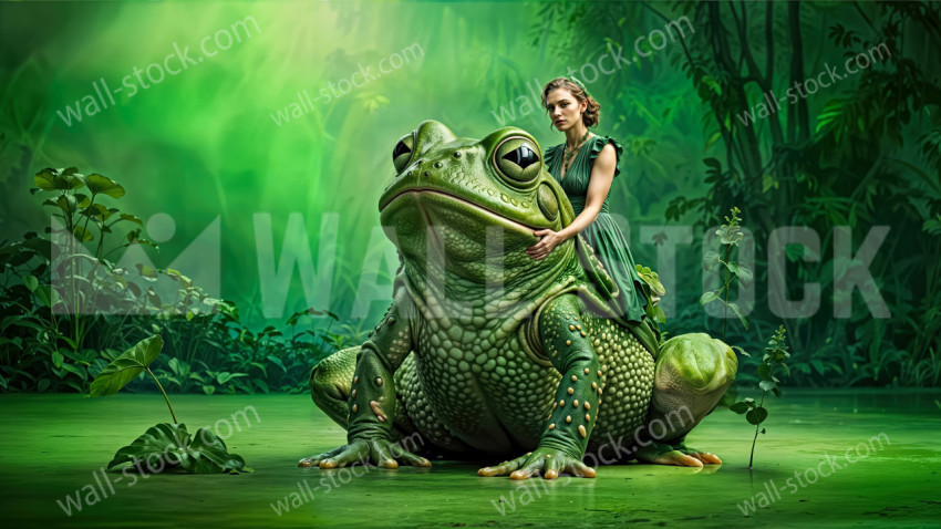 Enchanted Forest Encounter: The Frog Prince and Princess in a Mystical Moment Amidst Lush Greenery and Ethereal Light