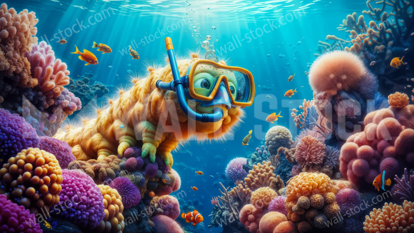 Cute Caterpillar Wearing a Snorkel Exploring a Colorful Coral Reef Underwater