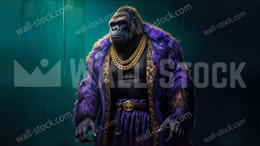 Gorilla Wearing a Purple Fur Coat and Gold Chains Standing Indoors