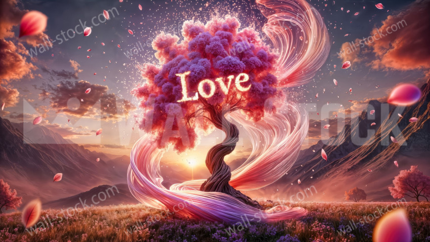 Pink Tree With Love Text Surrounded by Floating Petals at Sunset