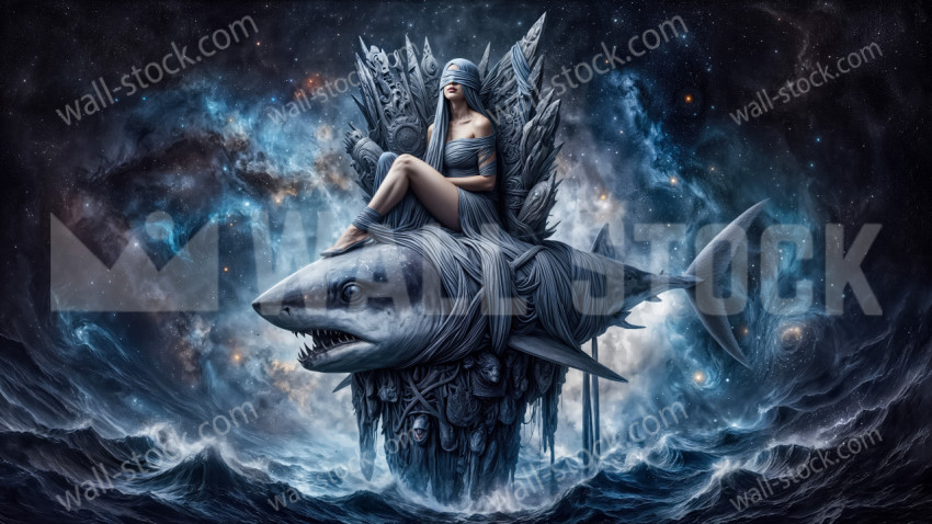 Blindfolded woman sitting on a large shark above dark ocean waves