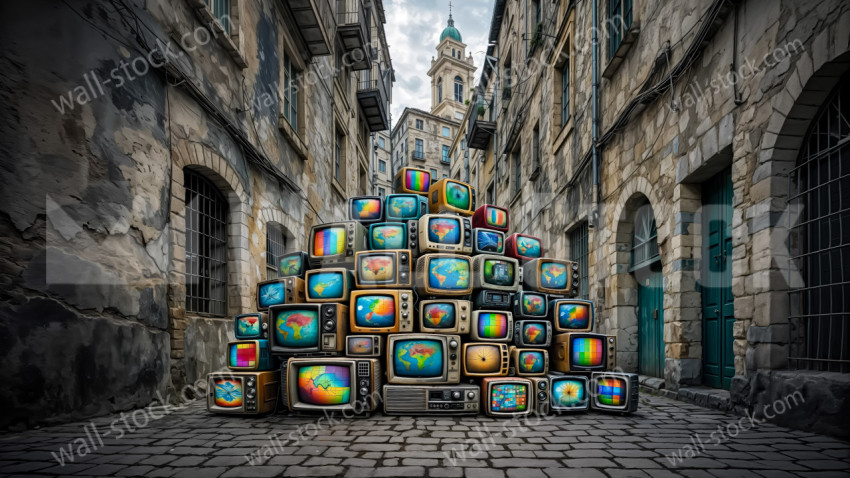 Stack of old televisions showing colorful world maps in a stone alley