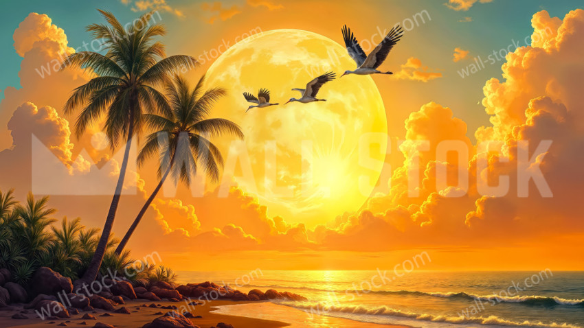 Sunset over a beach coast with palm trees and flying storks