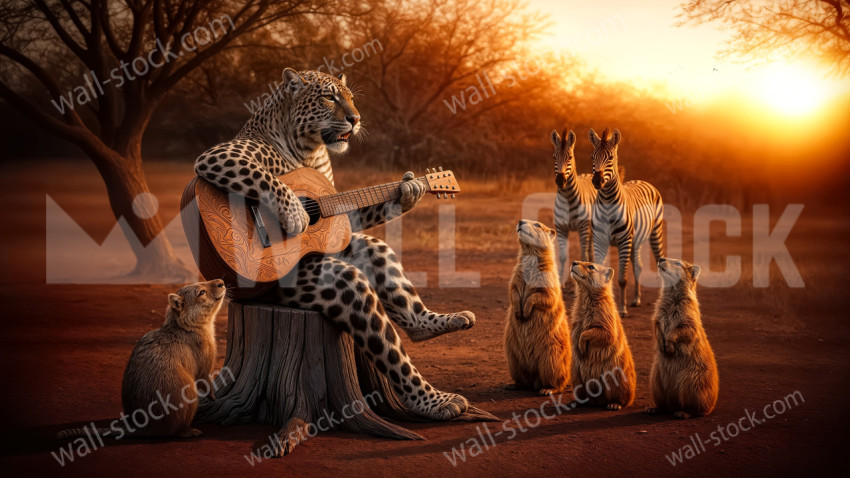 Large mountain rats and zebras listening to a jaguar playing guitar at sunset