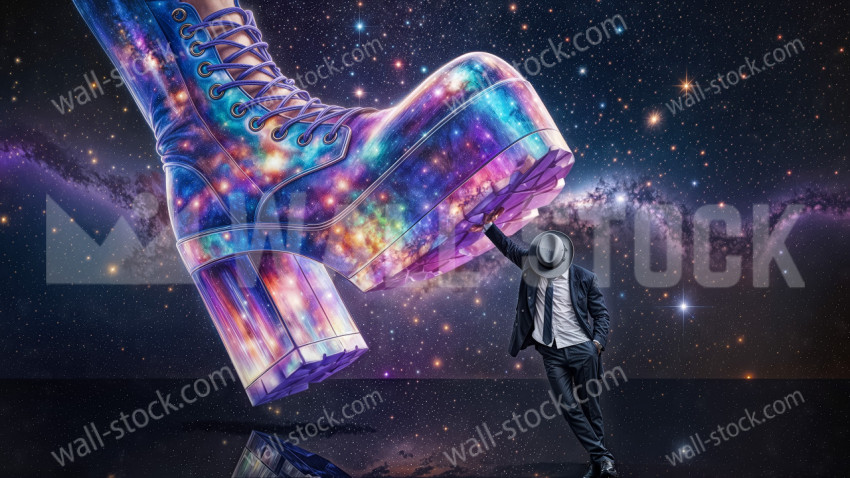 Man in Suit Holding Giant Colorful Platform Boot in Space Background