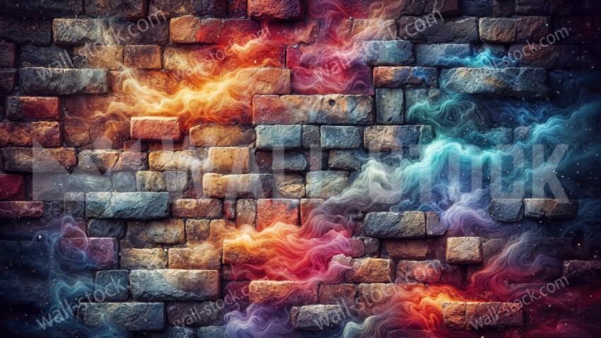 Colorful smoke drifting along an old stone brick wall with uneven blocks